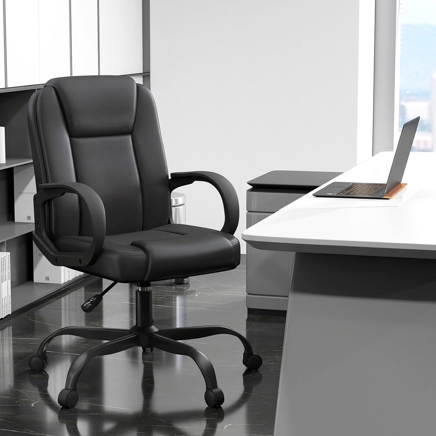 ZZH Executive Office Chair, Leather Desk Computer Chair with Armrests, Mid-Back Swivel Adjustable for Home Office, 6PC, Black