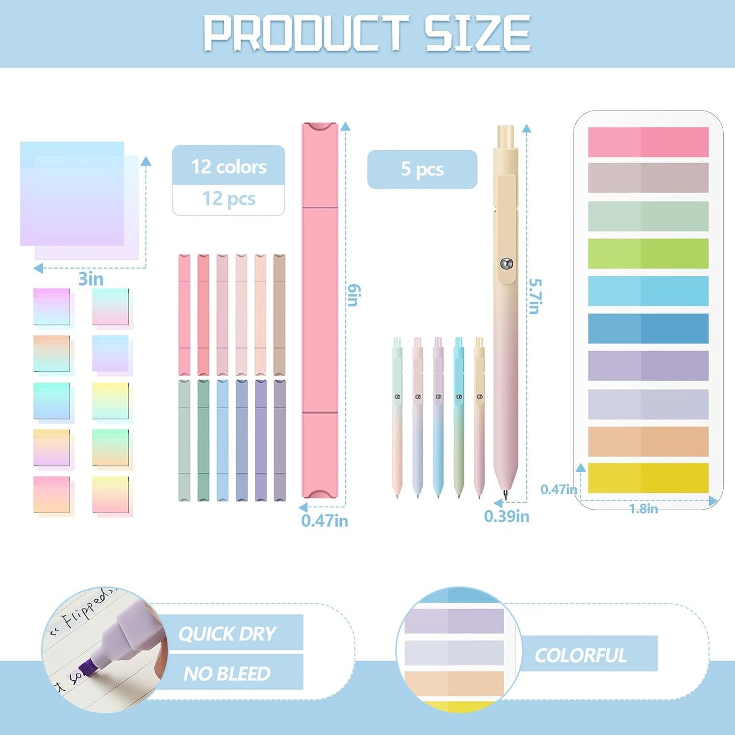 Jutom 38 Pcs Book Annotation Kit Aesthetic Highlighters Gel Pens Set Sticky Notes Tabs Markers Dual Ended Highlighter Quick Dry Ink Pens for Office Annotating Books(Gradient Color,Square)