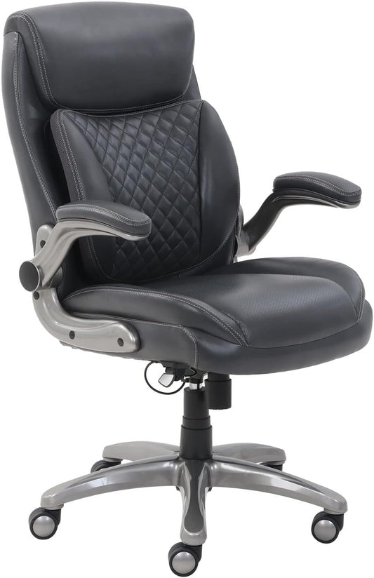 Amazon Basics Ergonomic Executive Office Desk Chair with Lumbar Support, Flip-up Armrests, Adjustable Height, Grey Leather