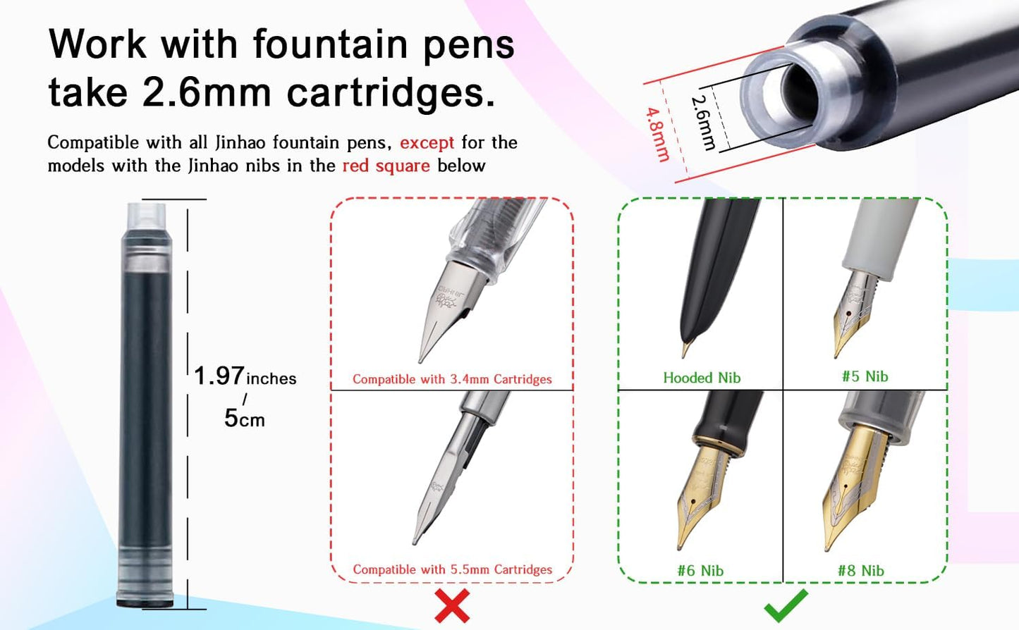 Jinhao Fountain Pen Green Ink Cartridge International Standard 2.6mm Bore Diameter Ink Refill Set of 30 PCS