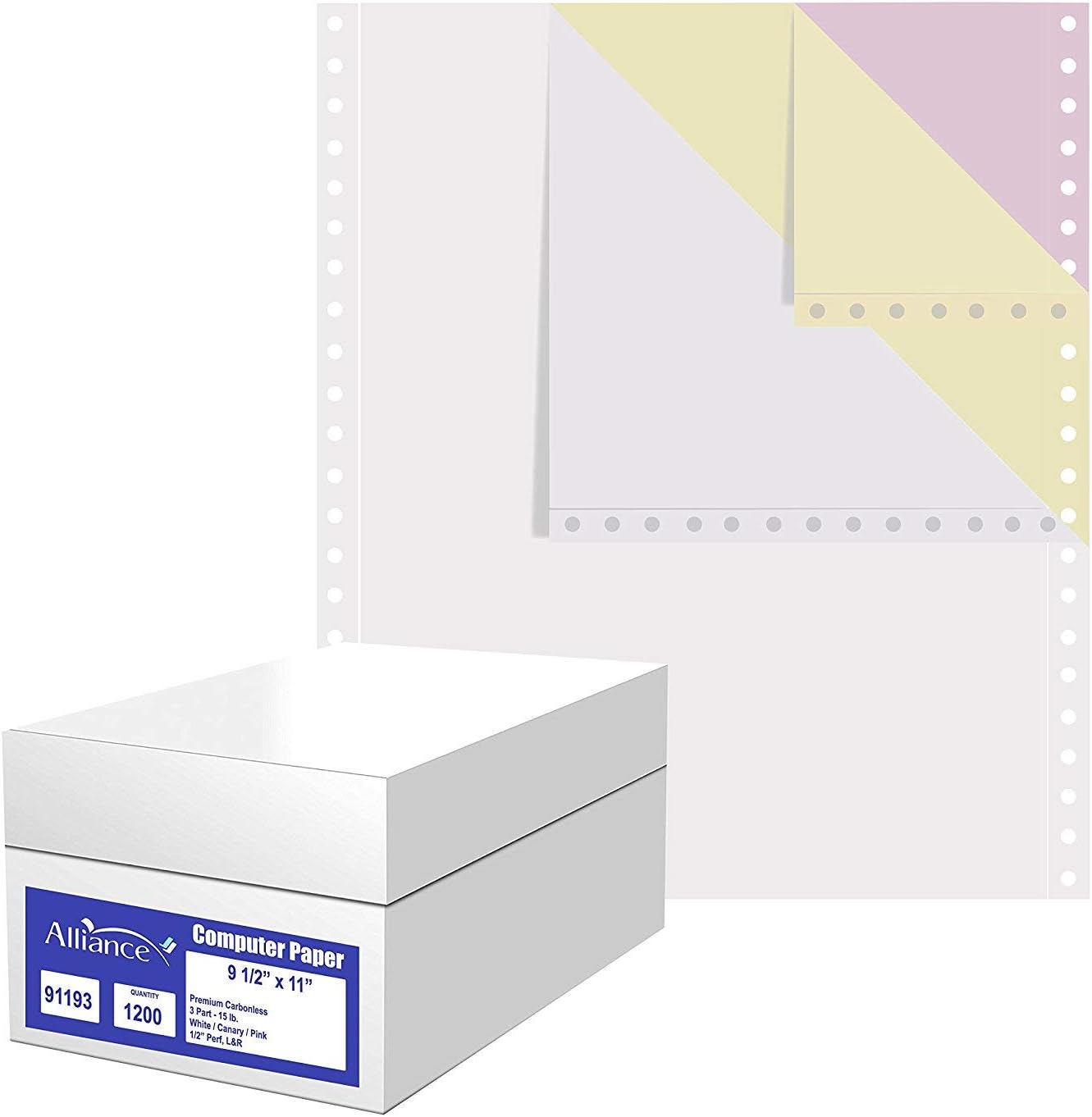 Alliance Premium Carbonless Computer Paper, 9.5 x 11, Blank Left and Right Perforated, 15 lb (3-Pt W/P/C 1200/Ctn 80 Ctns/Pallet)