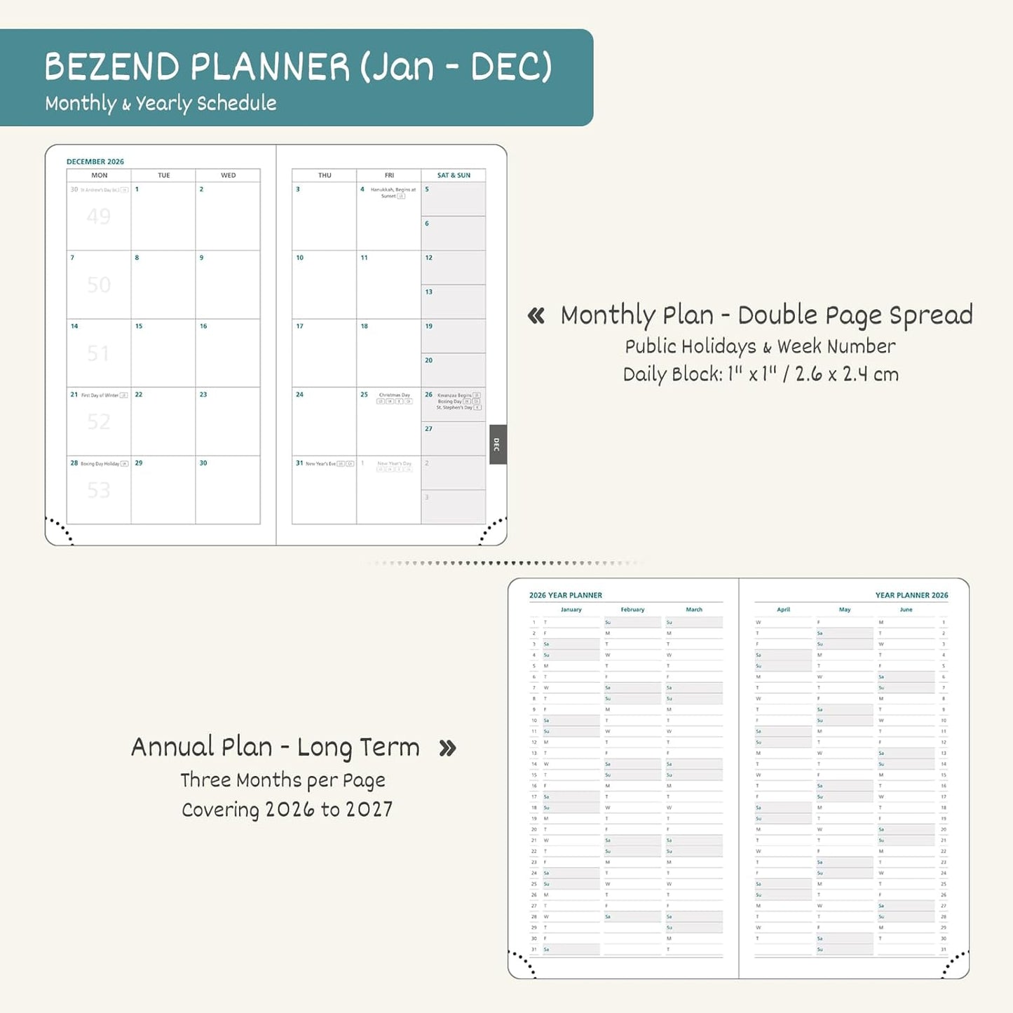 BEZEND Pocket Calendar 2026 Weekly and Monthly (3.5" x 6") Small Daily Planner for Purse (Jan-Dec) with Notes & Expenses, Inner Pocket, Pen Holder, Vegan Leather Hardcover - Red