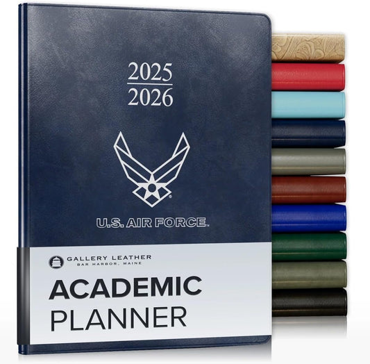 Gallery Leather Academic Planner 2025-2026, Teacher and Student Weekly Monthly Planner, Elegantly Bound Calendar with Gold-Gilded Page Edges, 18 Months - Acadia Navy - US Air Force - 9x7"