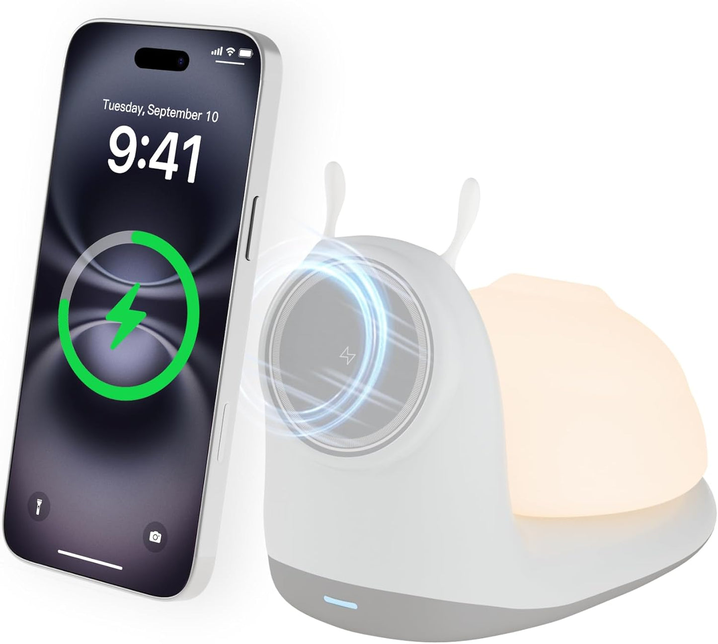 2-in-1 Magnetic Wireless Charger Stand: Cute Snail-Shaped 15W Qi Fast Charging Pad for iPhone 16/15/14/13/12 Pro Max Series & Cordless Tap-to-Light Bedside Night Lamp - (Desktop/Nightstand)
