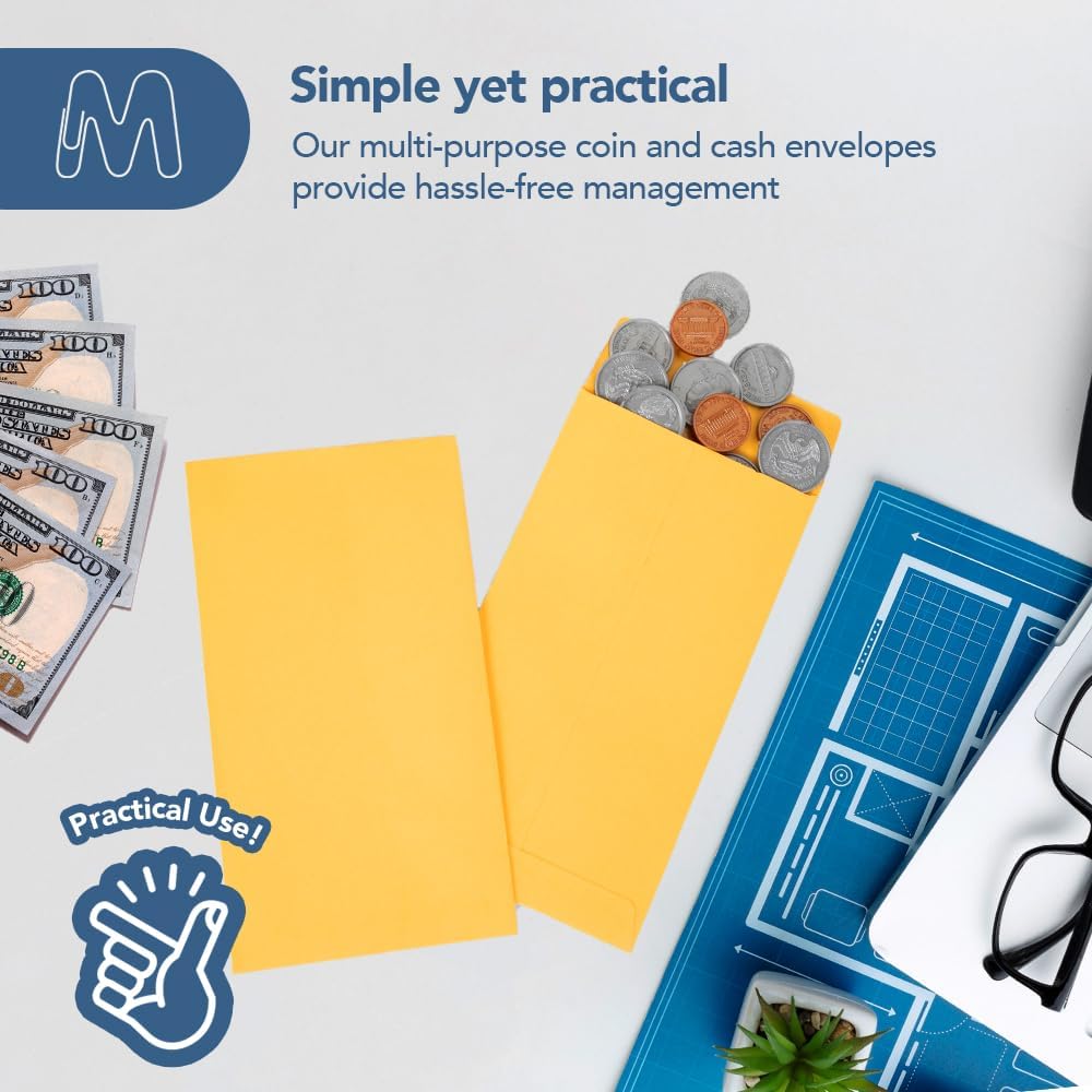 MOS #7 Gold Coin Envelopes 3.5 x 6.5 Inch 120 Pack — Self-Seal Yellow Money Envelopes for Cash, Budgeting, Savings Challenges, Seed Storage, Small Parts