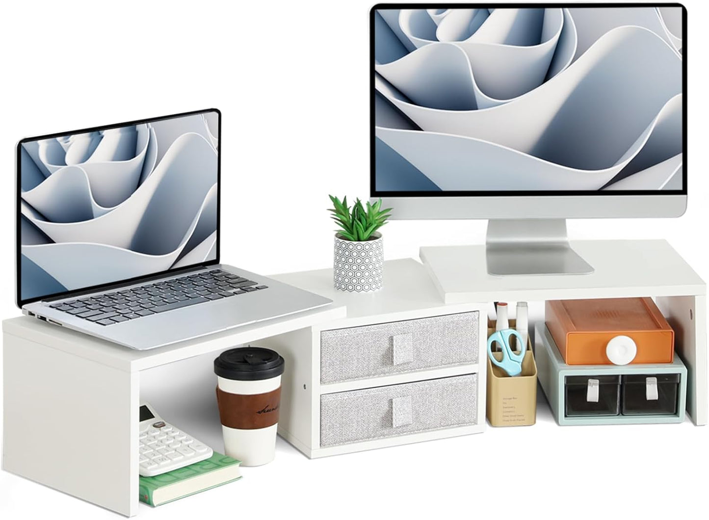 TEAMIX Dual Monitor Stand Riser with 2 Drawers - Length and Angle Adjustable White Monitor Stand with Storage Large Computer Riser for 2 Monitors/Laptop/PC, Wood Screen/TV Stand Desk Organizer