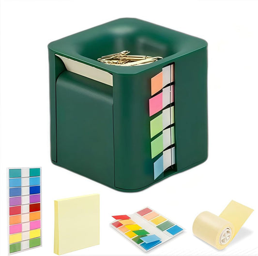 5 in 1 Sticky Note Dispenser for Desk with Pop Up Sticky Note, Sticky Rolls , Sticky Tabs , Magnetic Paper Clip Holder, Multifunctional Cube Sticky Note Holder Desk organizer(Green)