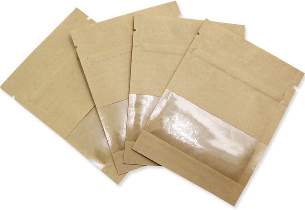 FERENLI 500 Pack 2.8x3.5 inch Small Resealable Seed Coin Envelopes Bags with Clear Window Brown Kraft Paper Heat Seal Packets for Flower Vegetable Seeds Storage Party Favor Pet Food Sample Bag