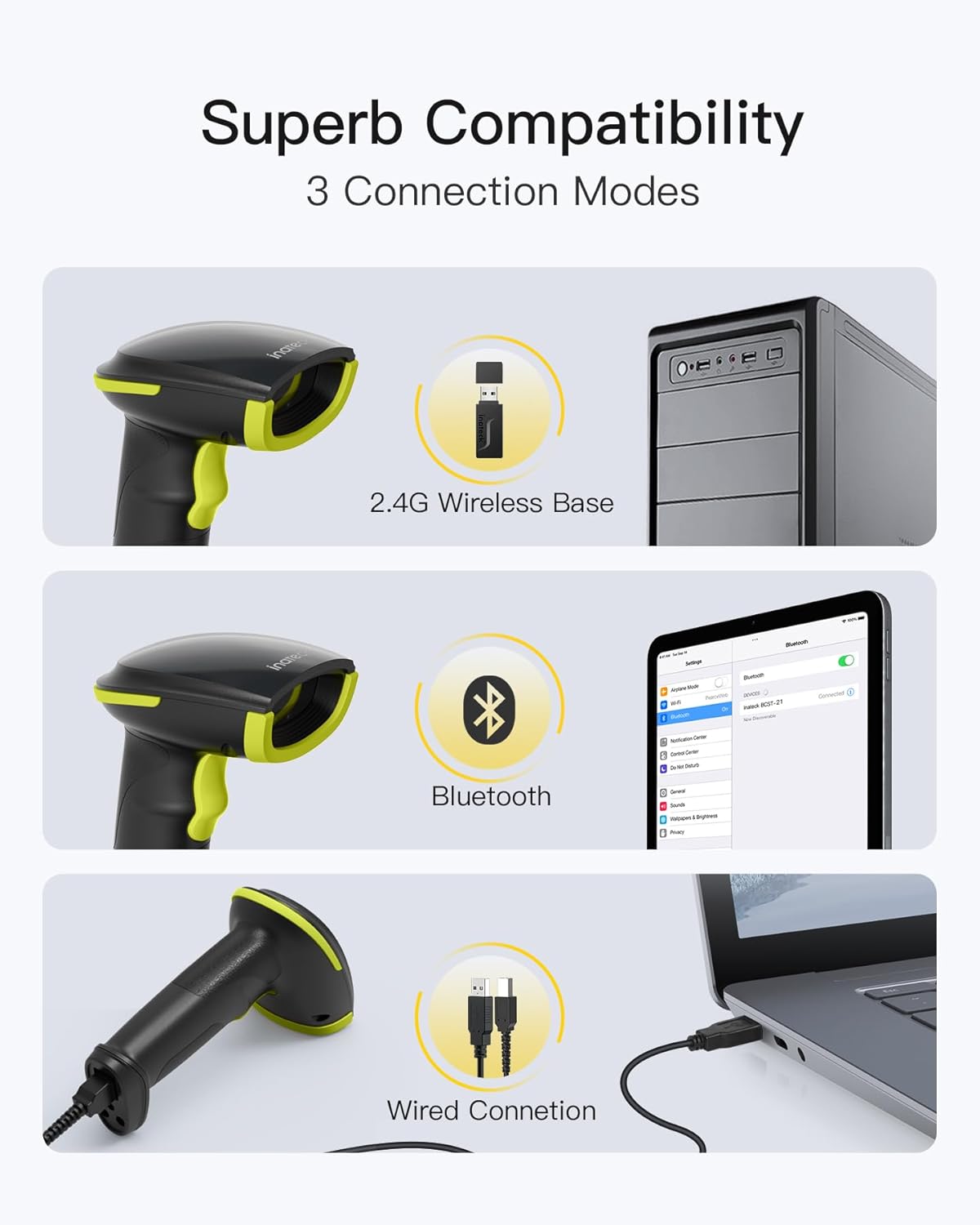 Inateck 2D Barcode Scanner with Intelligent Stand, Wireless QR Code Scanner, Handheld Scanner with APP and SDK, 2D Imager with 2600mAh Battery, BCST-35 Green