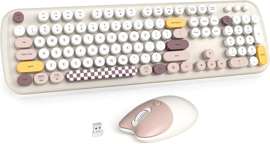 Wireless Keyboard and Mouse Combo for Windows, MOWUX 2.4G Full-Sized External Cordless Computer Keyboard, Compact Mouse, 8 Multimedia and Shortcut Keys, for PC, Laptop - Off White Colorful