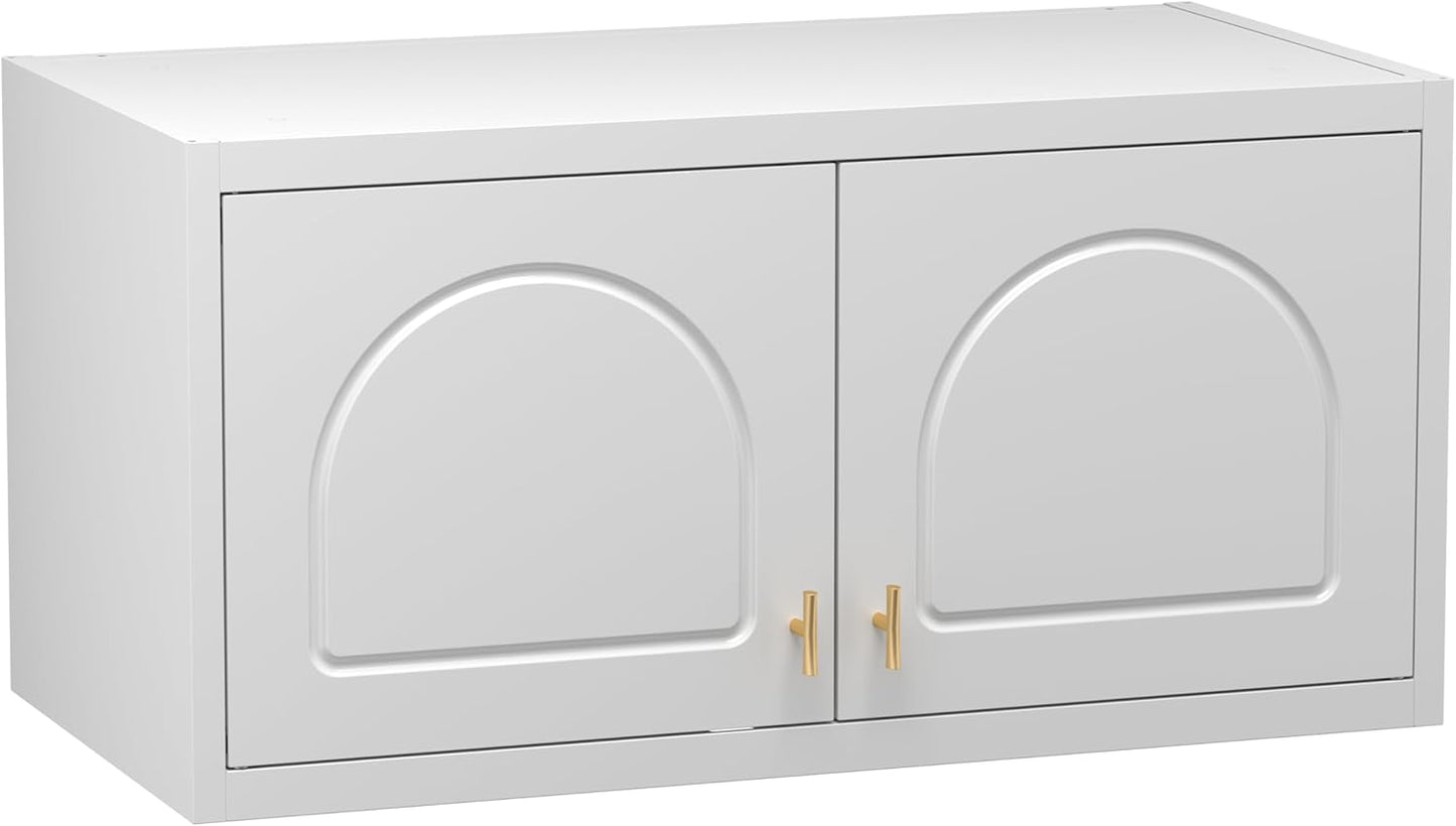 Metal Wall Cabinet, Upper Cabinet for Wardrobe, Small Overhead Storage Cabinet for Bedroom, Living Room, White, 18" D x 32" W x1 5" H - Assembly Required