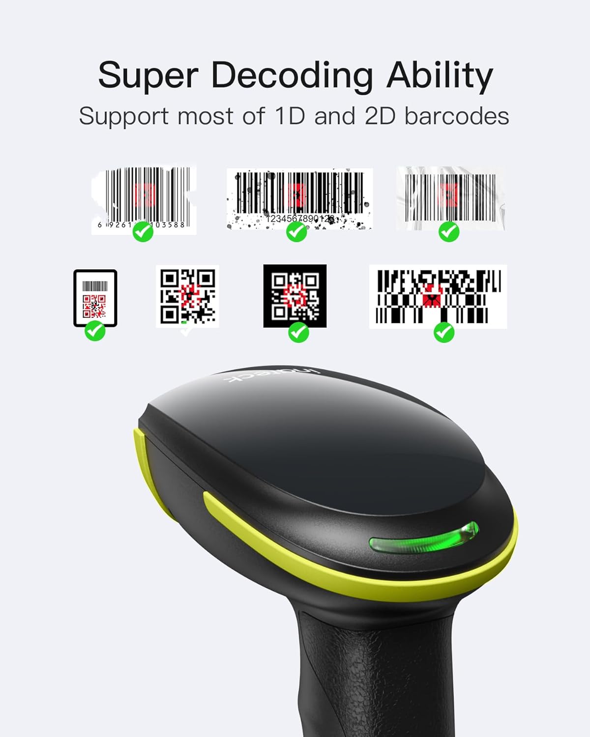 Inateck 2D Barcode Scanner, Wireless Bluetooth QR Barcode Scanner, Handheld Scanner with APP and SDK, 1 Charge for 3 Months, BCST-23 Green