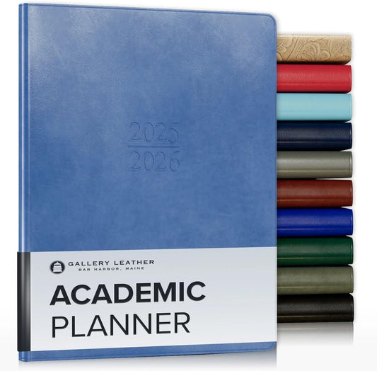 Gallery Leather Academic Planner 2025-2026, Teacher and Student Weekly Monthly Planner, Elegantly Bound Calendar with Gold-Gilded Page Edges, 18 Months - Acadia Hydrangea - 9x7"