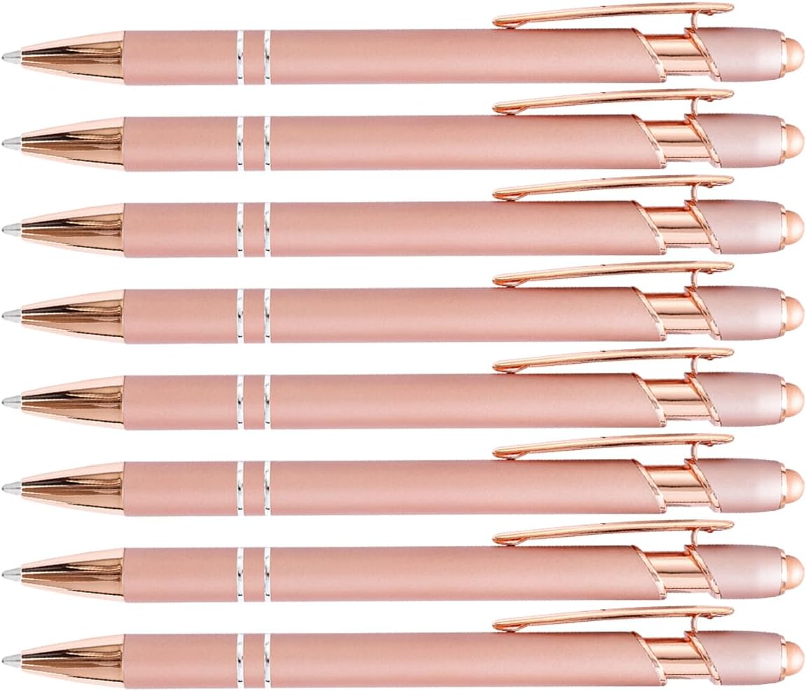 PASISIBICK 8 Pack Rose Gold Ballpoint Pen 2-in-1 Stylus Retractable Metal Stylus Pen for Touch Screens with Stylus tip, 1.0 mm Black Ink（8 PCS Rose Gold）