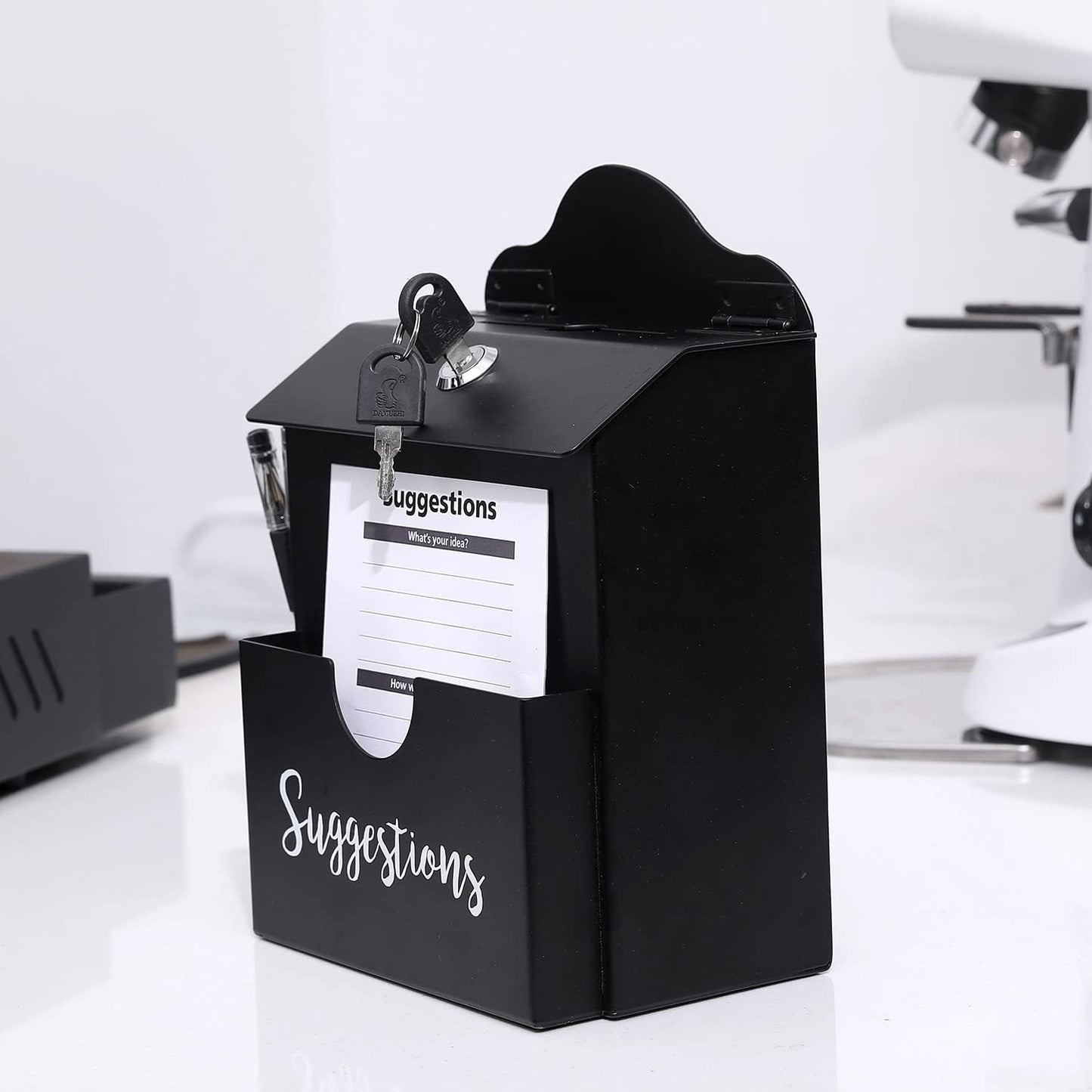 MyGift Classic Matte Black Metal Suggestion Box with Cursive Suggestions Lettering, Wall Mounted or Tabletop Comment Box with Lock, Keys, Paper Sheet and Pen Holder Slots