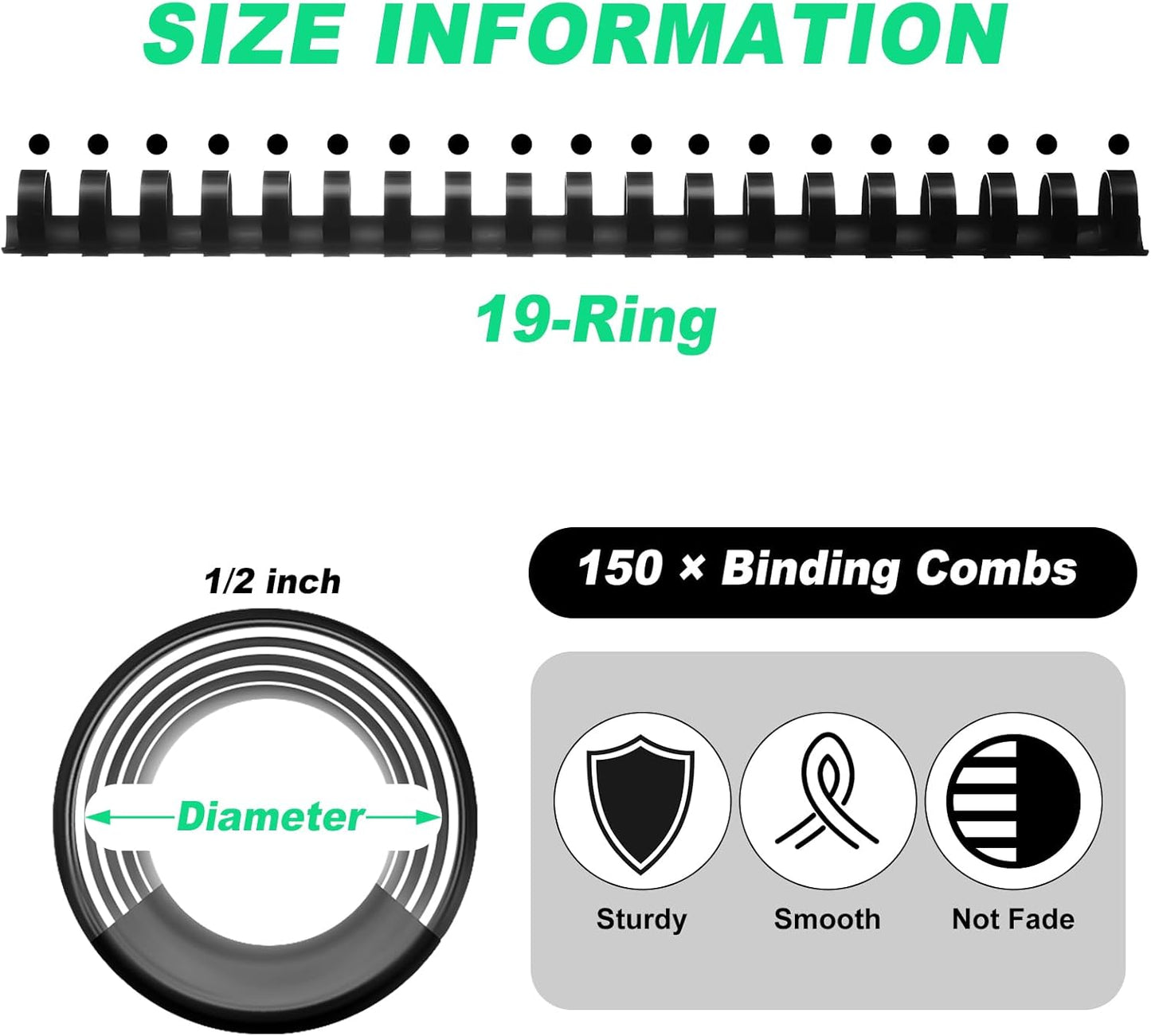 Yunsailing 150 Pack Plastic Binding Combs Plastic Binder Comb Ring 19 Ring Binding Spines Letter Size Spiral coils for Notebook Calendar(1/2 in,Black)