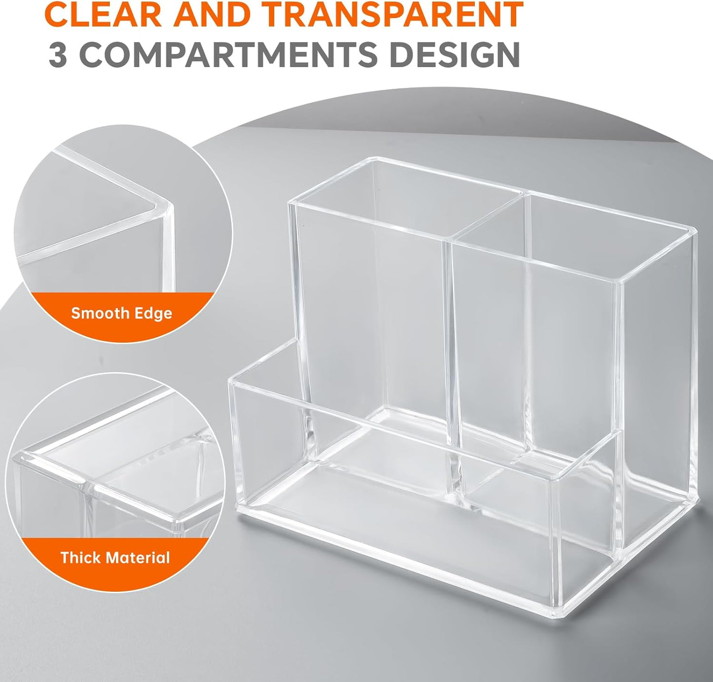 Pen Holder for Desk, Clear Acrylic Pencil Holder for Desk, Marker Holder with 3 Compartments, Pencil Organizer for Home, Office, Classroom, Bathroom
