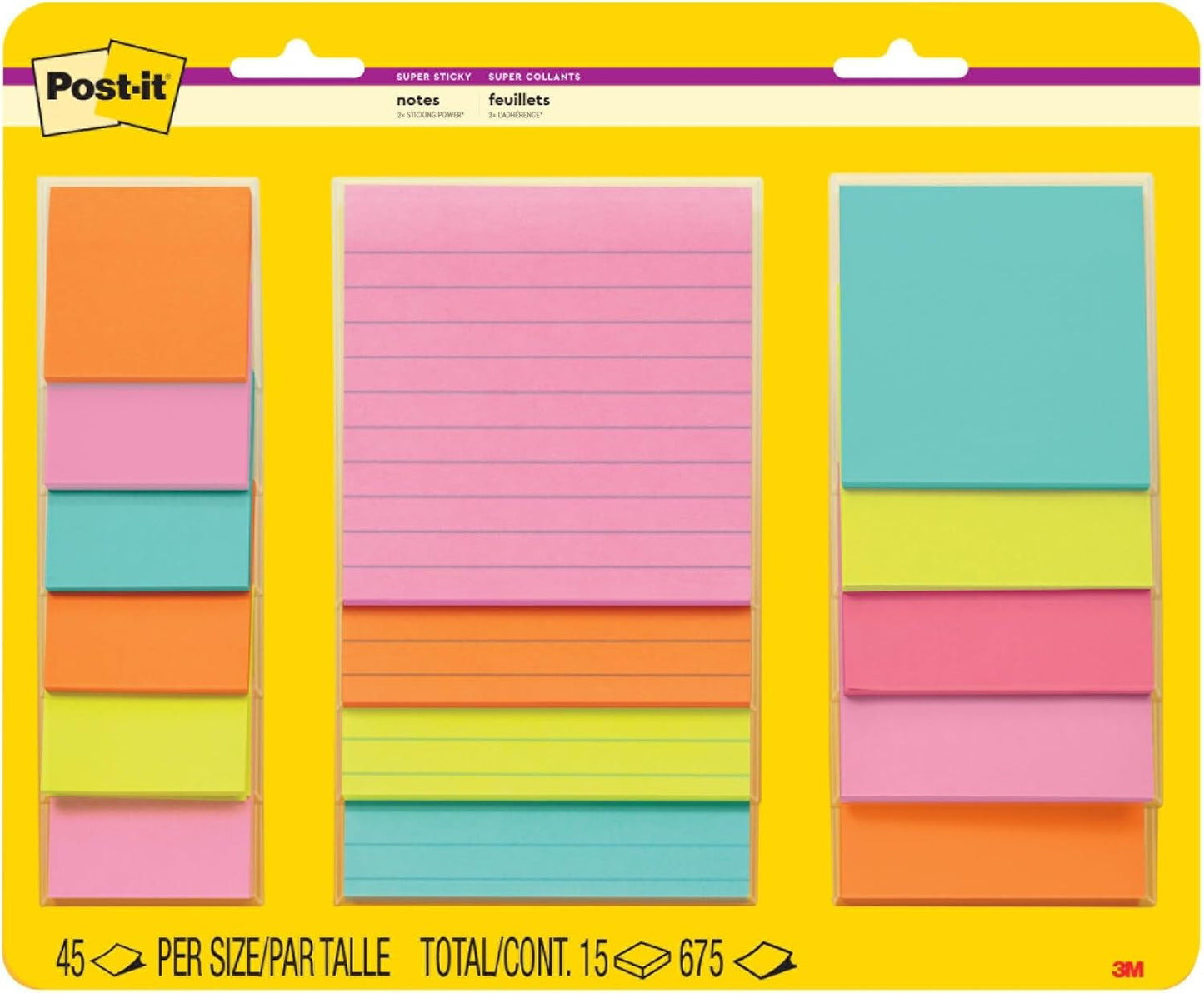 Post-it Super Sticky Notes, Assorted Sizes, 15 Pads, 2X The Sticking Power, Supernova Neons Collection, Neon Colors (Orange, Pink, Blue, Green), Recyclable (4423-15SSMIA)