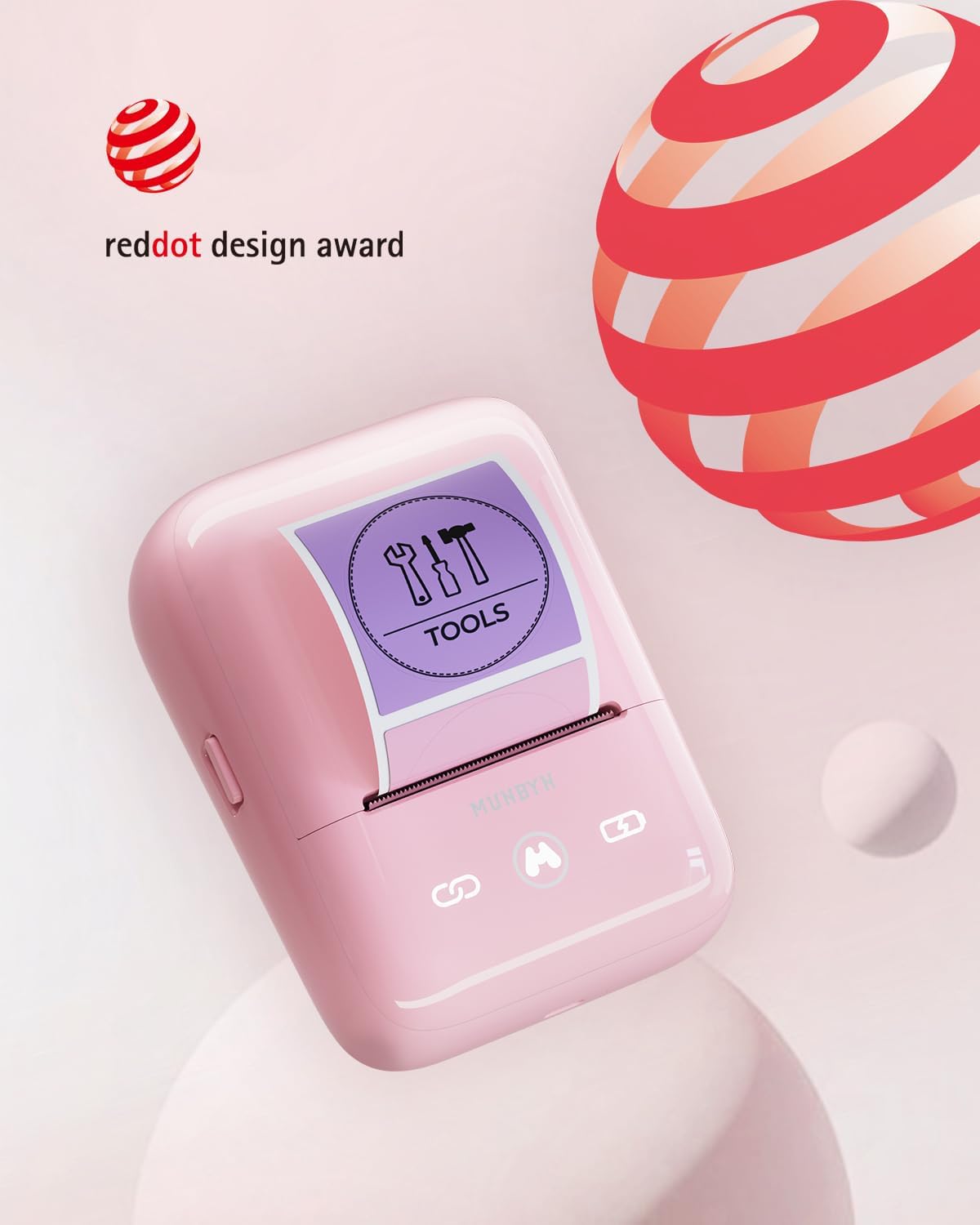 MUNBYN FM226 Label Maker Machine with Tape,203 DPI High Printing 8H Battery Life 2 Inch Bluetooth Portable Thermal Sticker Printer for Small Business, Address, Clothing with 1.97''x1.18'' Label(Pink)