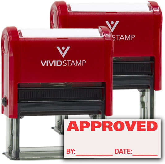 Approved w/by Date Line Self-Inking Office Rubber Stamp (Red) - Medium 2 Pack