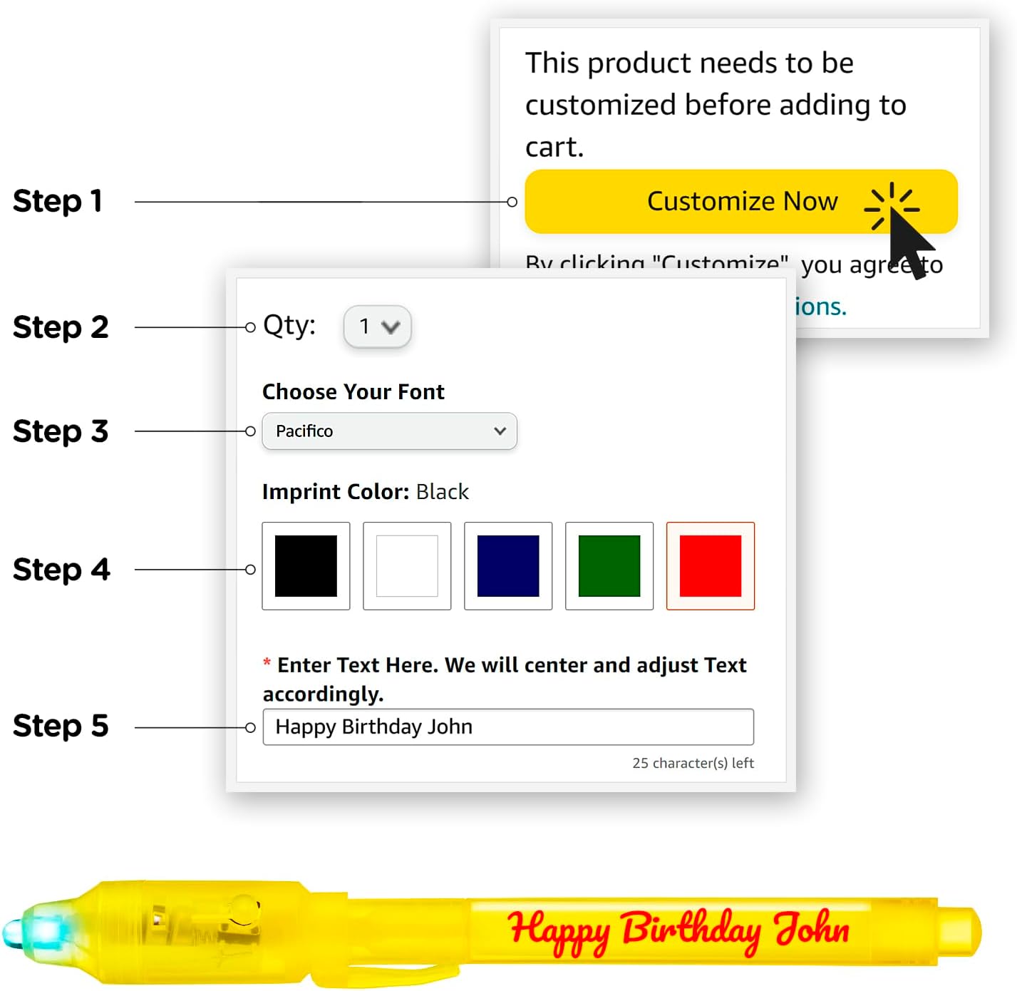 Personalized Invisible Disappearing Ink Pen Marker Pack, Custom Secret Spy Message Writer with UV Light, Fun for Kids Party Favors Gifts and Stock Stuffers, 12 Pack, Yellow