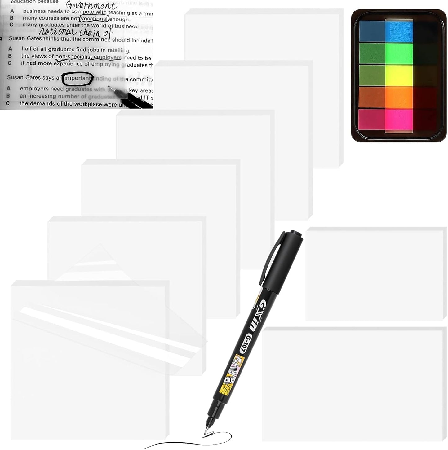 Transparent Sticky Notes (with Sticky Tabs & Marker), MEIGAONE 9 Pack Clear Sticky Note 3x3 Super Strong Adhesion, Waterproof Translucent Sticky Note for Study, Book,Office,School Supplies