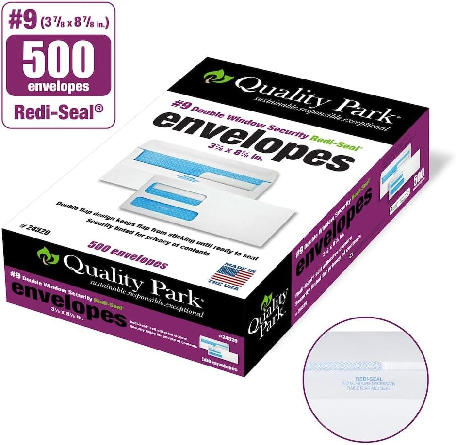 Quality Park® Redi-Seal™ Double-Window Security Envelopes, #9, 3 7/8" x 8 7/8", White, Box Of 500 (Pack of 5)