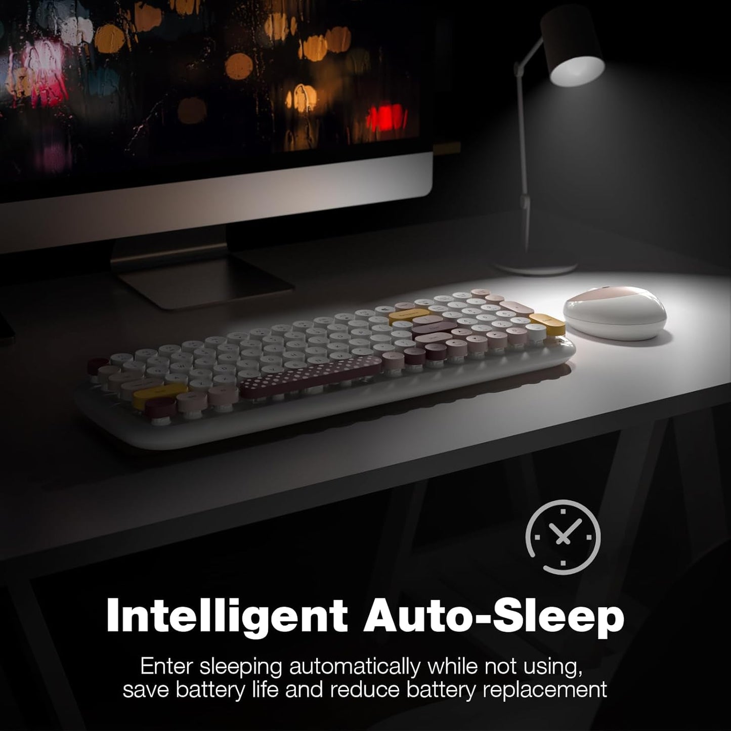 Wireless Keyboard and Mouse Combo, MOWUX - Modern Compact Layout, Colorful Compact Candy Mouse and Retro Round Keyboard Set with Cover, for PC/Laptop/Windows/Mac - Off-White Colorful