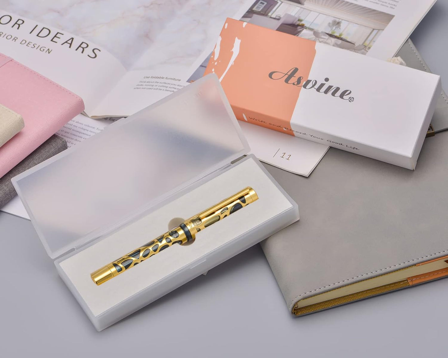 Asvine V169 Vacuum Filling Fountain Pen Extra Fine Nib, Water Drop Skeleton Gold Trim Transparent Gray Blue Acrylic Pen Case Set