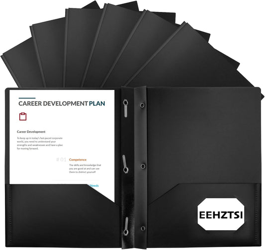 12-Pack Plastic Folders with Pockets and Prongs,2-Pocket Folders with 3 Fasteners, Poly Folders Holds 8-1/2" x 11" Paper for School/Office/Home, Black