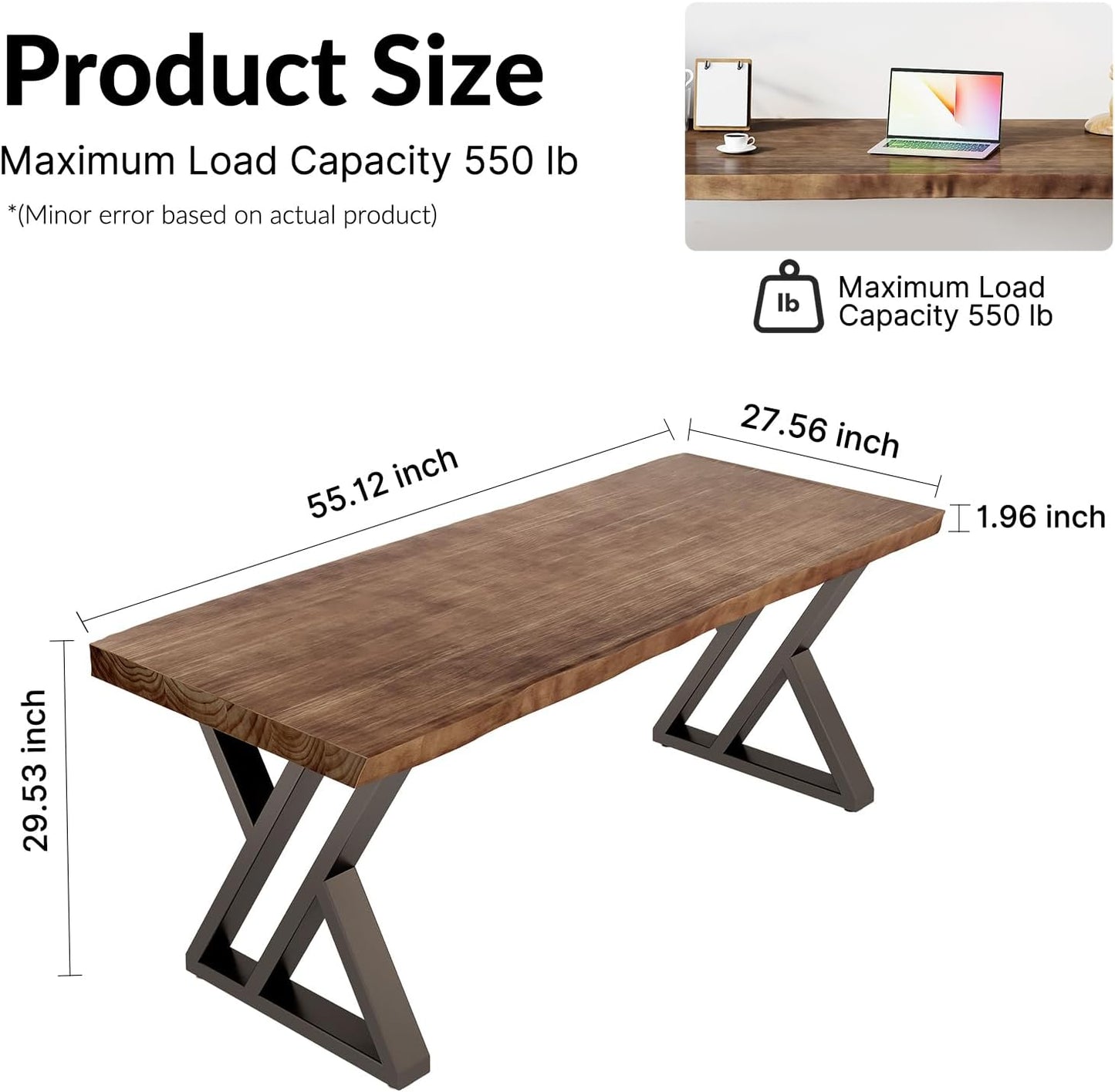 Solid Wood Desk 55 inches, Home Office Computer Desk Wooden Rustic Writing Desk Metal Modern Simple Design Executive Real Wood Desk(Rustic Brown)