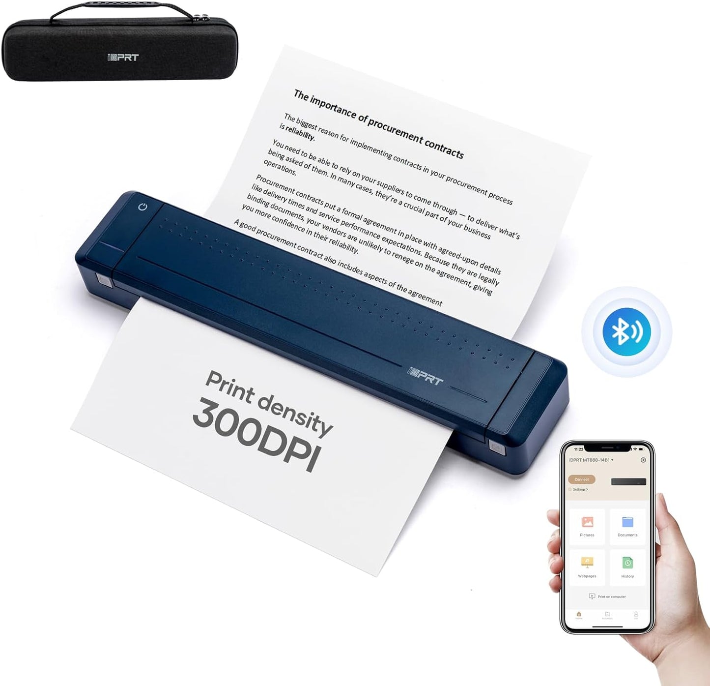iDPRT MT888 Portable Thermal Printer Wireless for Travel,Support 8.5" X 11" US Letter Compatible with iOS, Android & Laptop,Bluetooth Mobile Inkless Printer with Case, Blue