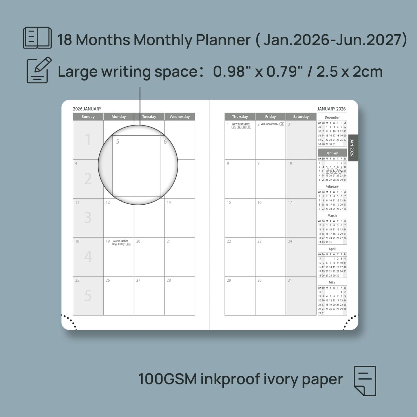 POPRUN Pocket Monthly Planner 2026-2027 (Pocket- 4''x 6.25'' Soft Leather Cover) - 18 Month Calendar Book for Purse (Jan.2026 - Jun. 2027), 100 GSM Thick Paper - Green