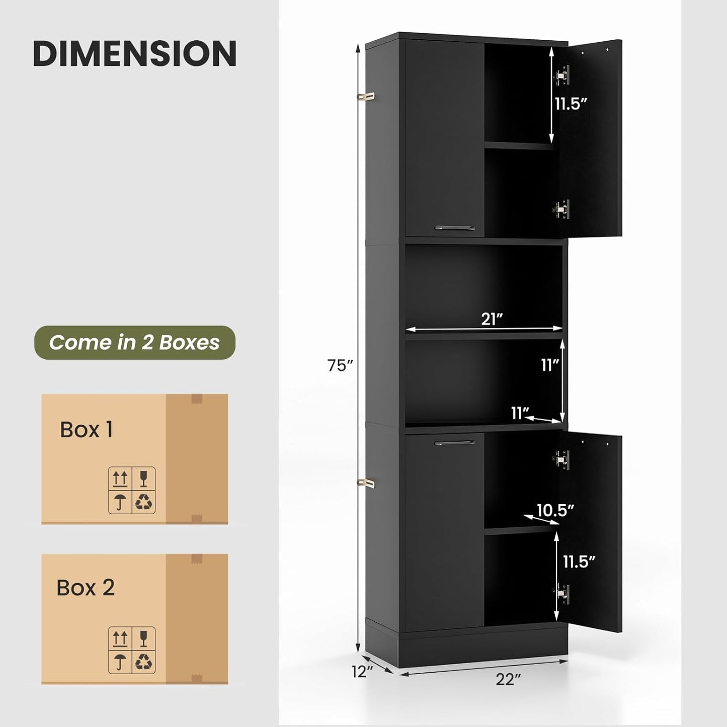 NAFORT Bathroom Storage Cabinet, 75" Freestanding Tall Cupboard with Shelves, Anti-toppling Devices & Non-Slip Foot Pads, Modern Slim Cabinet for Livingroom, Dining Room & Bath Room