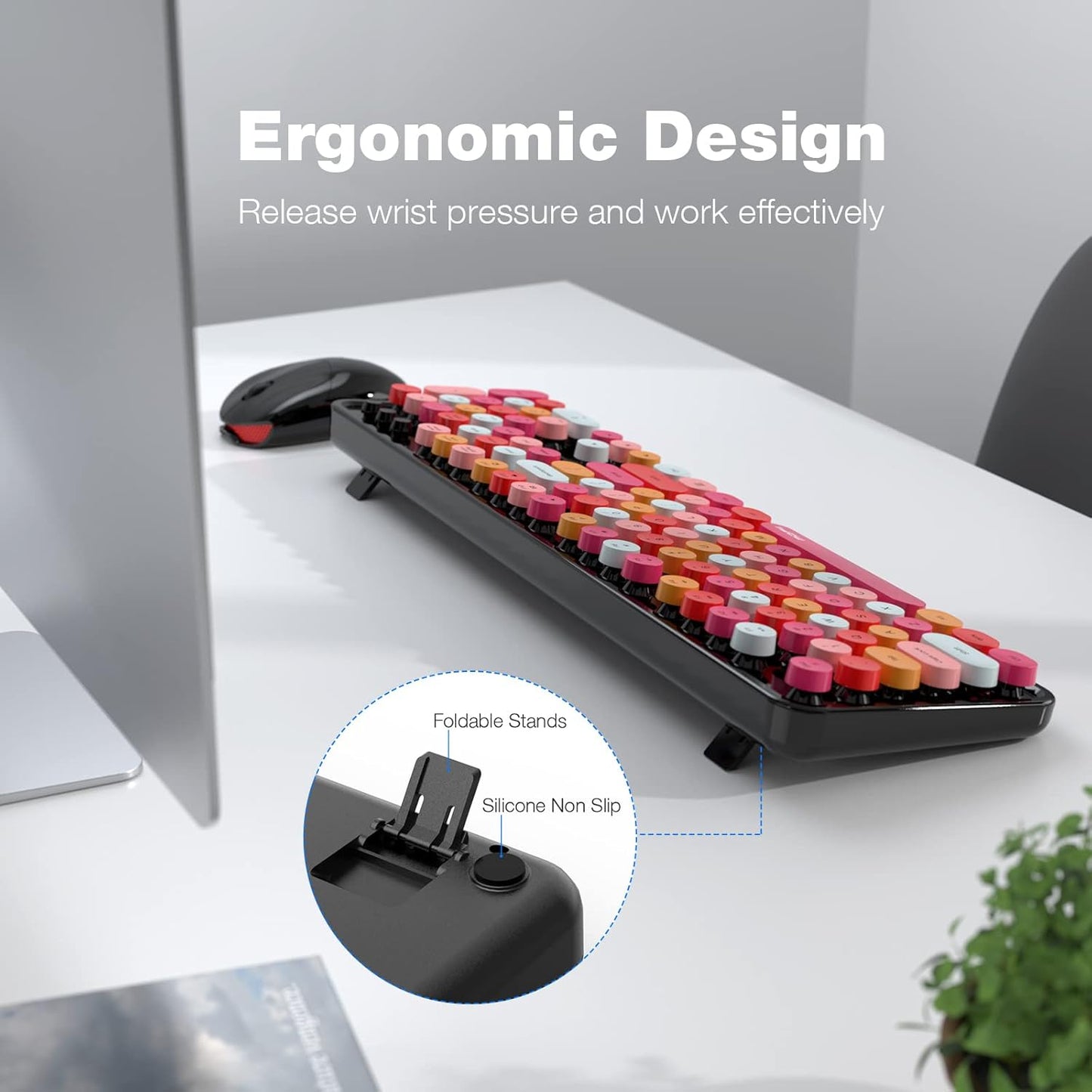 MOFII Wireless Keyboard and Mouse Combo, Black Colorful 2.4GHz Full Size Keyboard with Round Keycaps, Retro Keyboard Cute Wireless Mouse for Laptop, PC, Chromebook, Smart TV, Windows