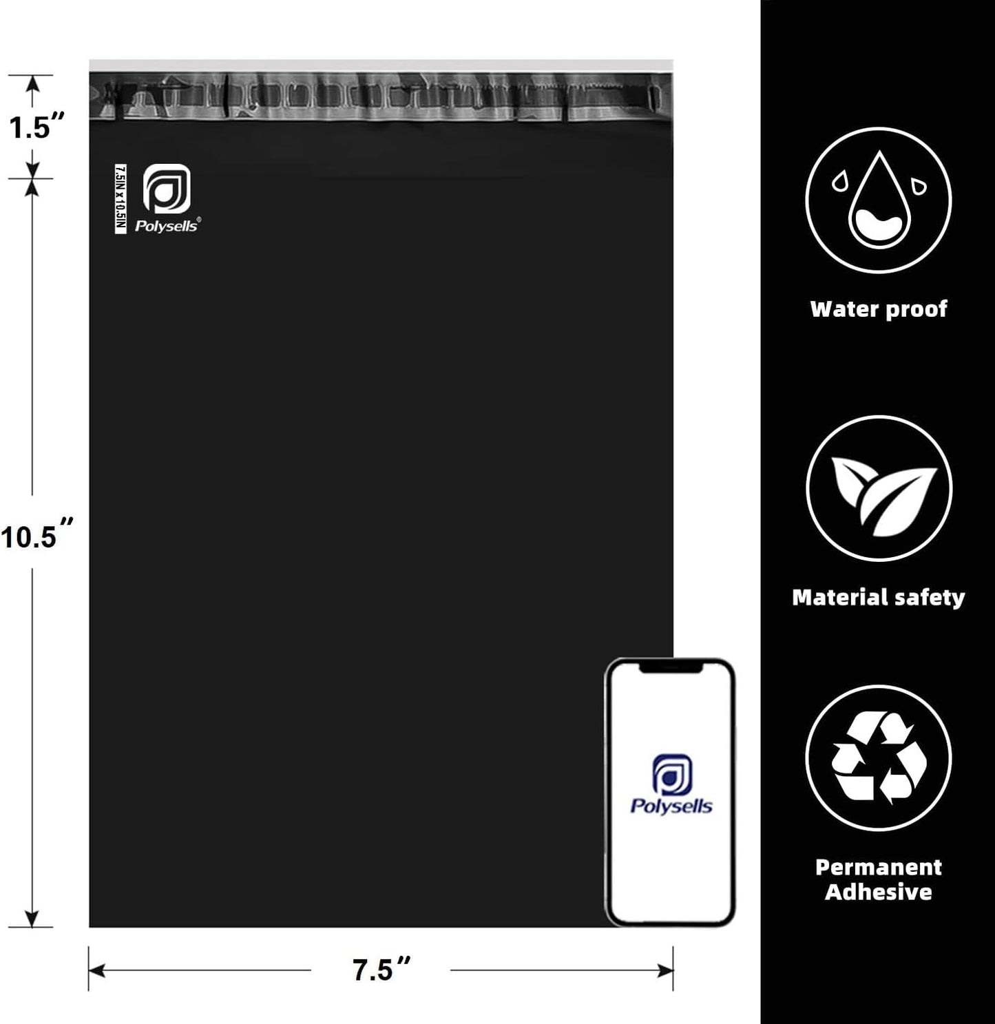 POLYSELLS 1000 pcs 7.5x10.5 Inches Black Poly Mailers Shipping Envelopes, Strong Adhesive Sealing, Waterproof, and Tear-resistant Postal Mailing Bags for Clothing, Books, and Accessories