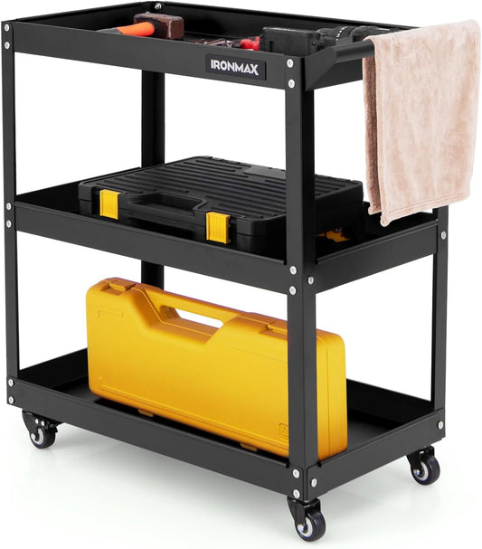 Goplus 3-Tier Utility Cart, Heavy Duty Commercial Service Tool Cart w/3 Spacious Shelves, 4 Universal Wheels with 2 Brakes, Rolling Mechanic Tool Cart Storage Organizer for Warehouse Garage