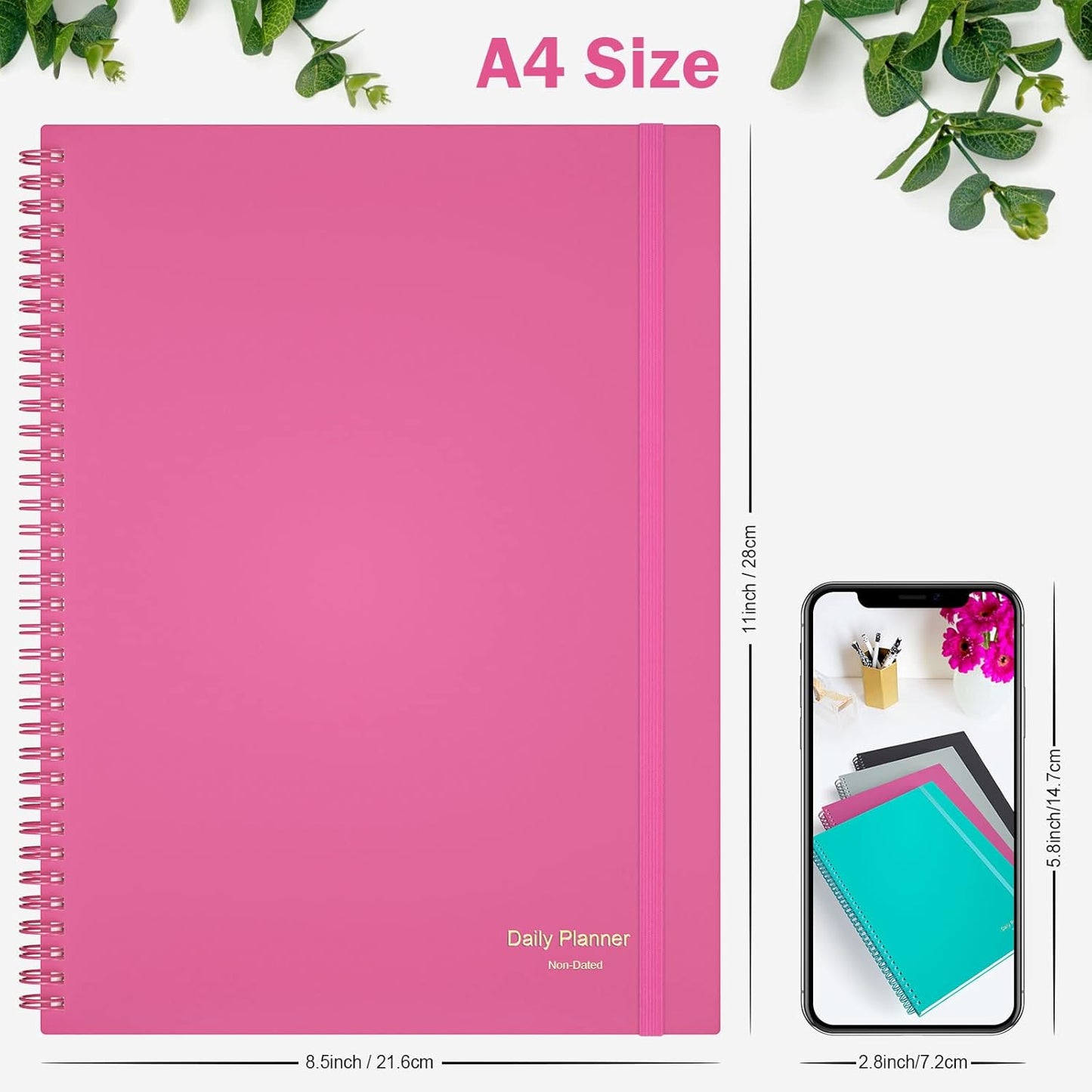 Planner Undated, Asten Daily Planner Agenda with to Do List, Hourly Schedules for Women and Men, Spiral Appointment Book with Elastic Closure, Inner Pocket 8.5" x 11" (Pink)