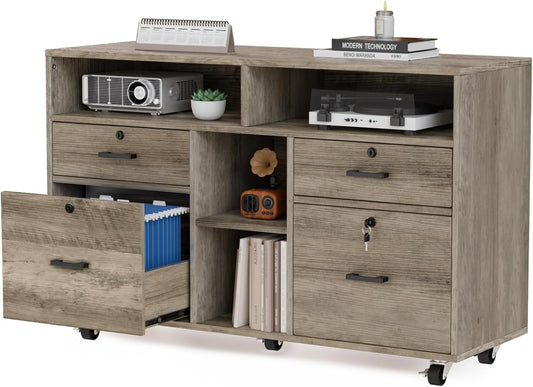 VINGLI Wide 4 Drawer File Cabinet with Lock, Rustic Grey Rolling File Cabinet with Open Shelves, Lockable Printer Stand, Letter Sized