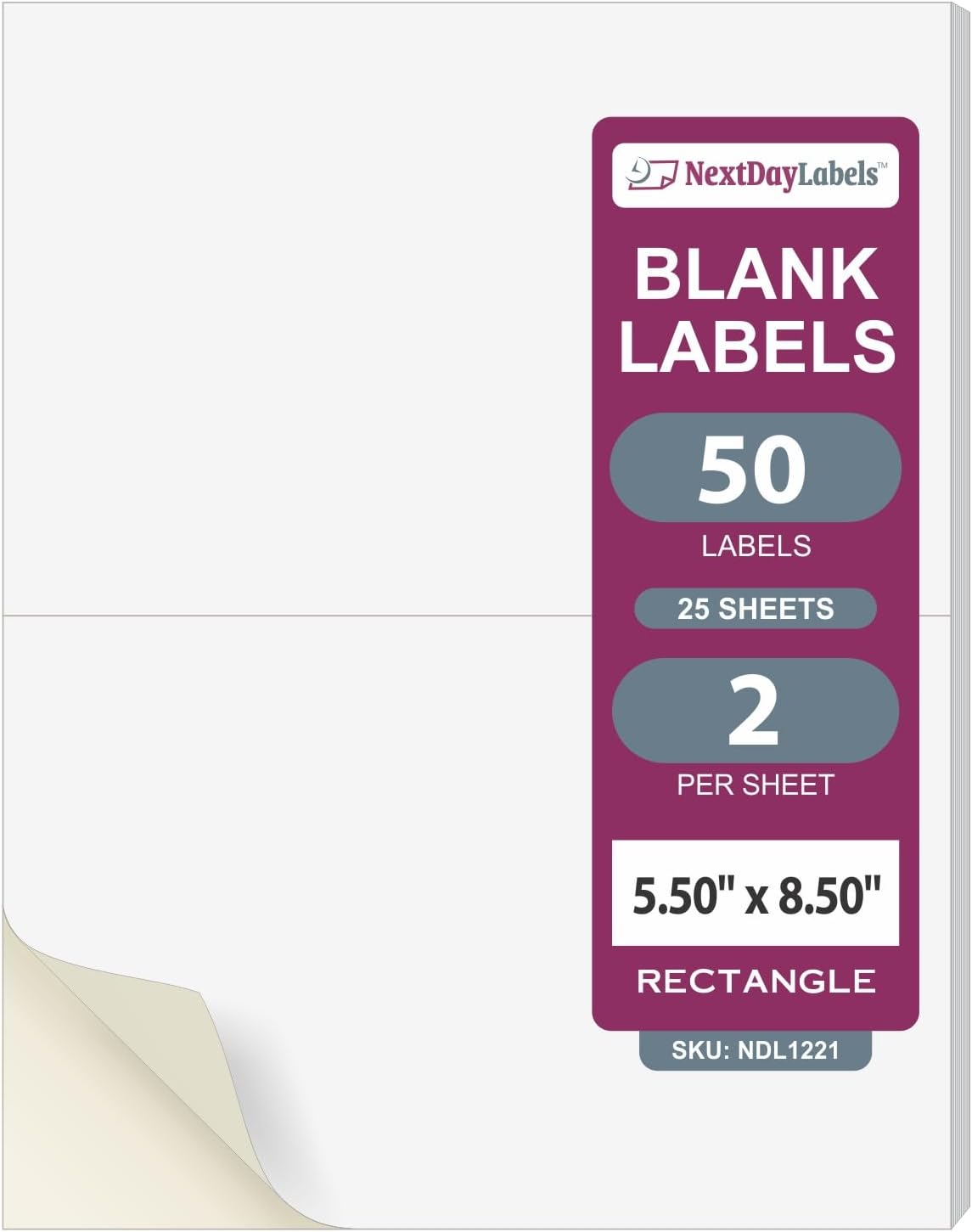 NextDayLabels – 8-1/2" x 5-1/2" Rectangular Sticker Labels for Printer - White Laser/Inkjet Printer Labels Return Address Labels Shipping Label Stickers (25 Sheets, 2 Per Sheet, 50 Labels)