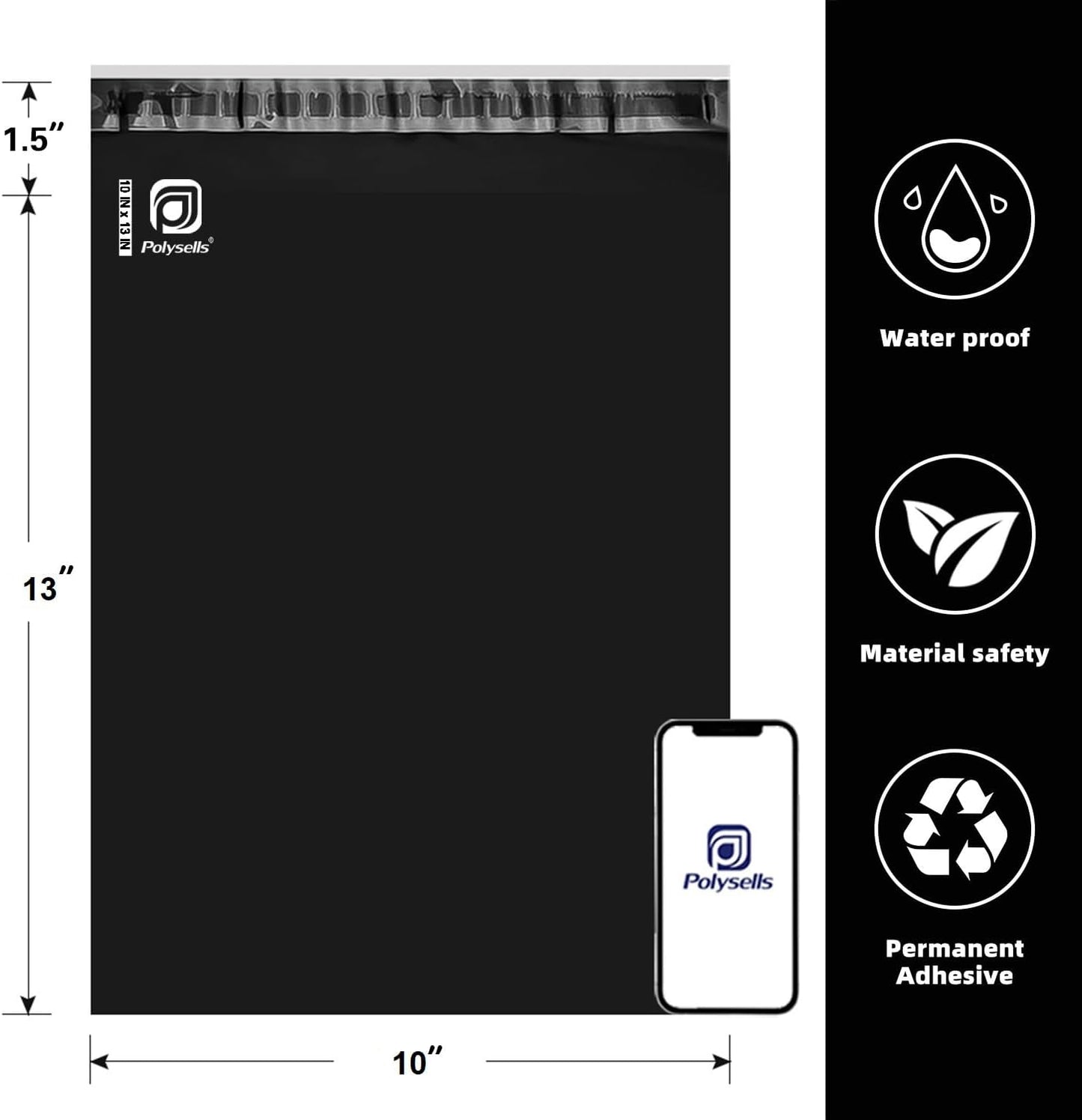 POLYSELLS 500 pcs 10x13 Inches Black Poly Mailers Shipping Envelopes, Strong Adhesive Sealing, Waterproof, and Tear-resistant Postal Mailing Bags for Clothing, Books, and Accessories