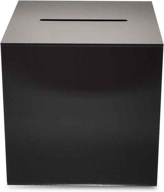 Source One Premium Acrylic Cube Donation Box with Deluxe Rear Open Door and Cam Lock Suggestion Box (12 Inch, Black)