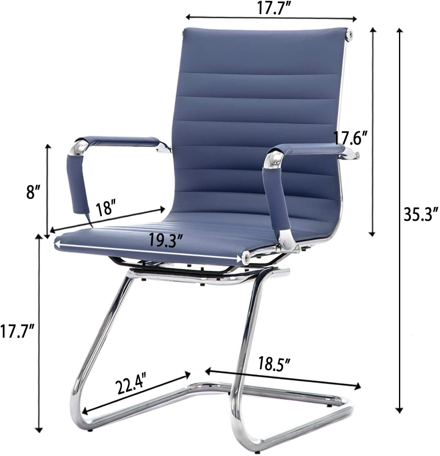 Office Desk Chair Set of 8,No Wheels PU Leather Computer Chairs Mid Back Guest Chairs with Seld Base for School/Reception/Conference/Waiting Room,Navy Blue