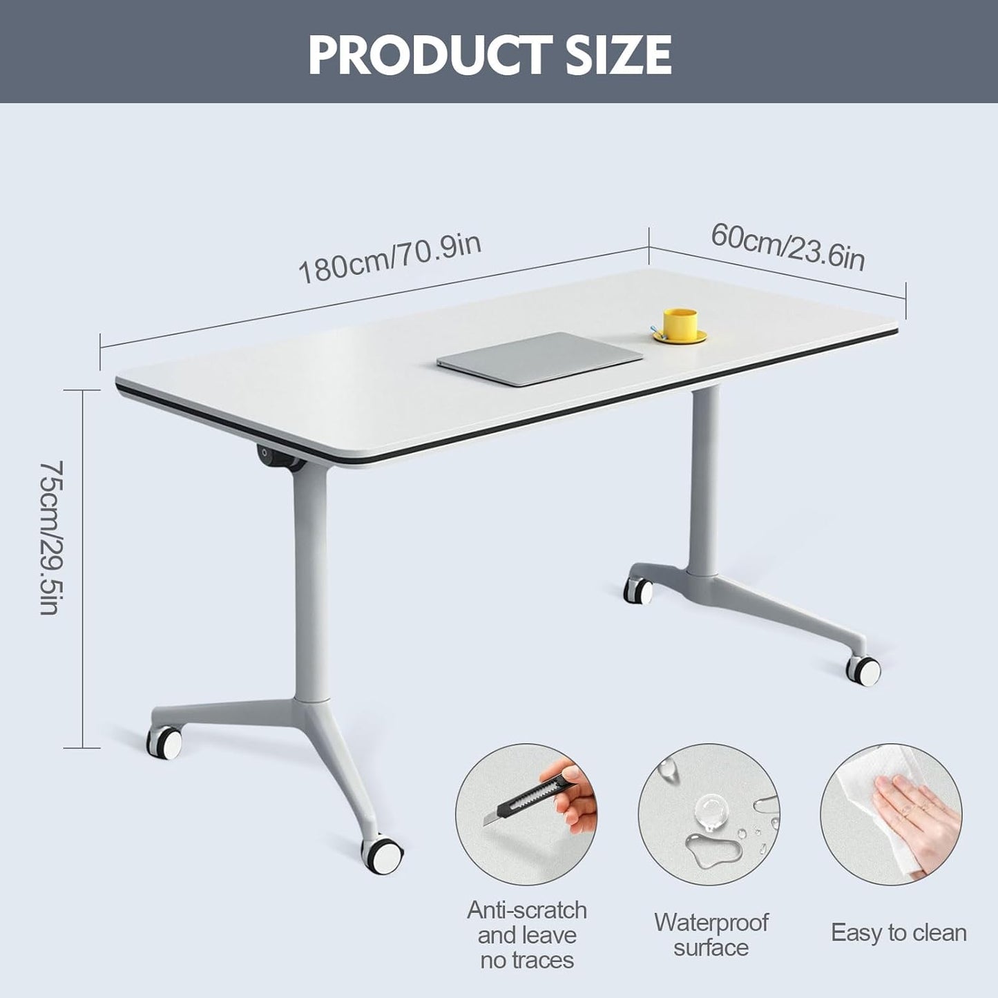Folding Conference Room Table, Modern Mobile Training Table with Wheels, White Foldable Seminar Meeting Tables for Office Corporations (2pack 70.9in)