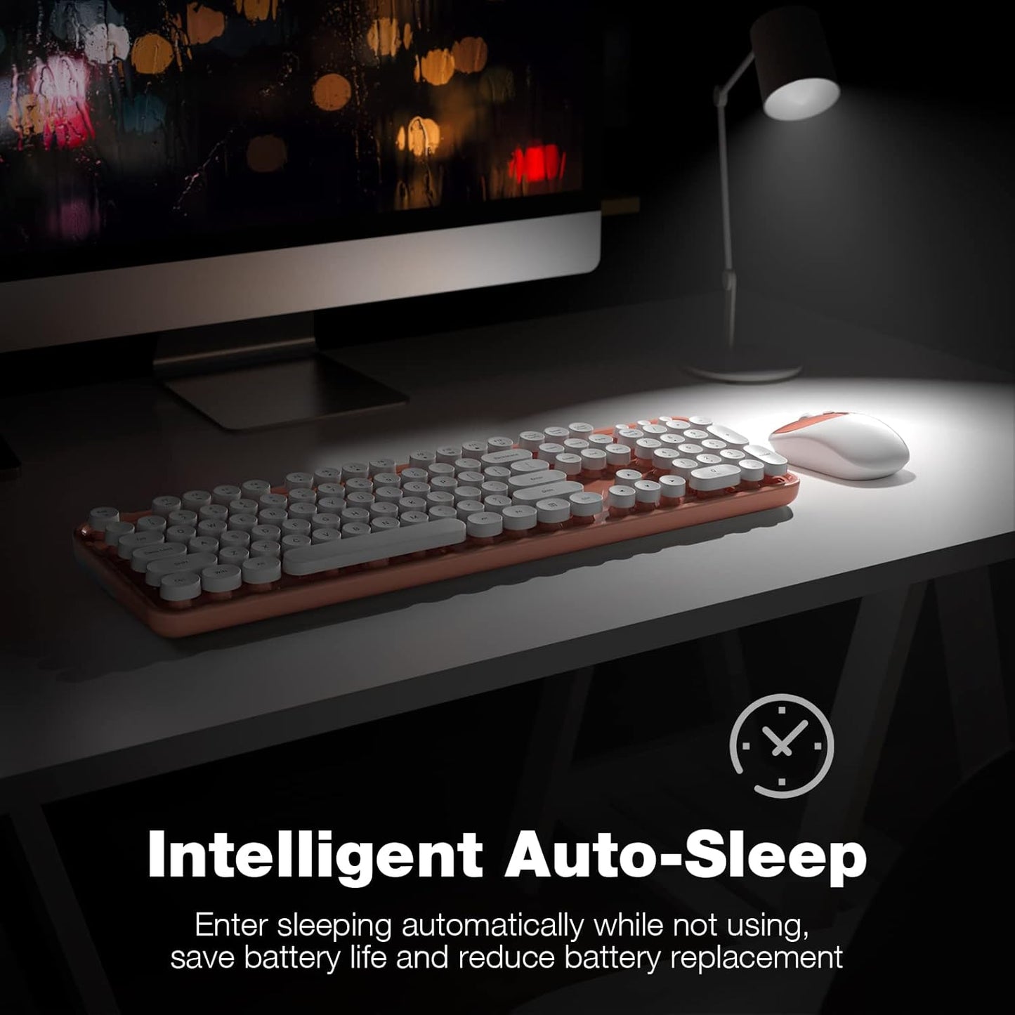 Wireless Keyboard and Mouse Combo, MOWUX Full Size Typewriter Retro Round Computer Keyboard, Mouse Wireless, Plug and Play, for Laptop, PC, Computer- Orange