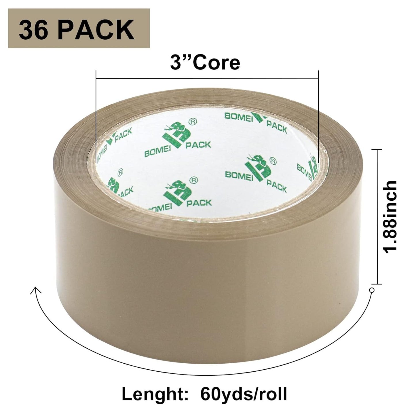 BOMEI PACK 36Rolls Brown Packing Tape with Dispenser, Box Packing Tape Rolls for Packaging, Shipping and Moving, 2.4Mil 1.88 Inch x 60 Yard