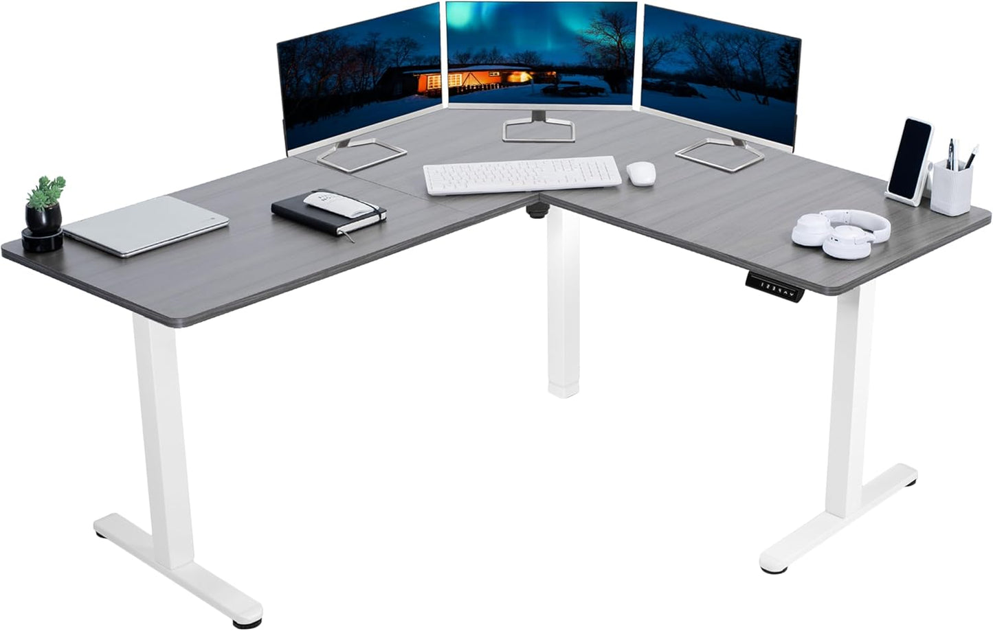 VIVO Electric Corner L-Shaped 63 x 55 in Standing Desk, Memory Height Adjustment, Dark Gray Top White Frame, DESK-E3CTWG