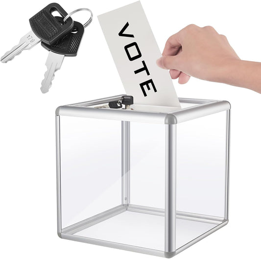 Acrylic Donation Raffle Box with Slot & Lock, Large Clear Ballot Offering Suggestion Ticket Holder for Fundraising Drawing Storage Container Tip Jar Voting Charity(6 x 6 x 6 In,Clear)
