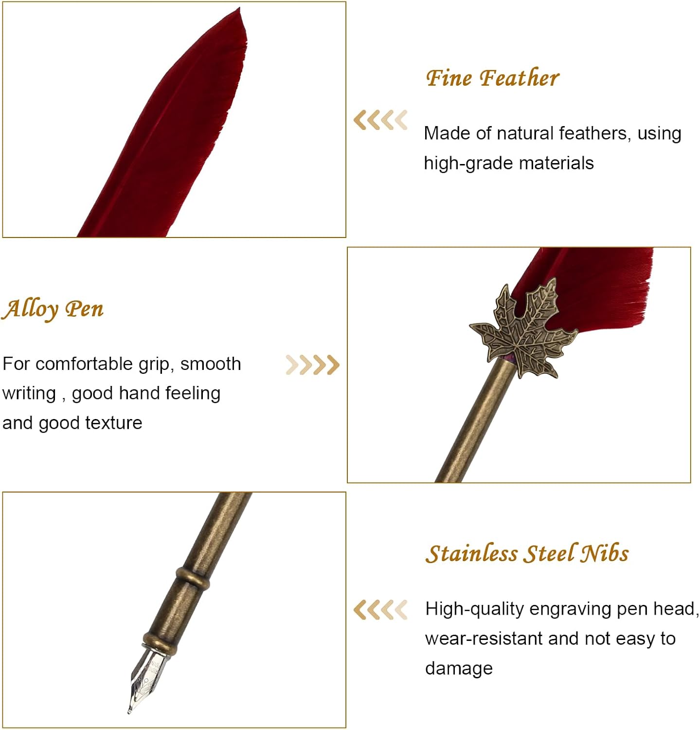 AHIER Quill Pen and Ink Set, Feather Pen Quill Pen Set Includes 5 Steel Replacement Nibs,Pen Nib Base and Dip Ink Bottle for Antique Calligraphy (Red)