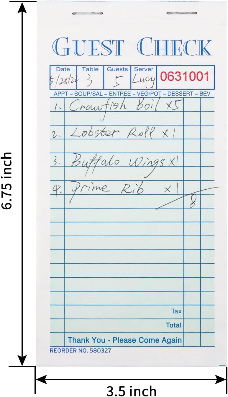 Guest Checks Server Note Pads 600 Sheets With Carbonless 600 Copy Sheets for Restaurants (12 Books) 3.5" x 6.75" Per Ticket Books